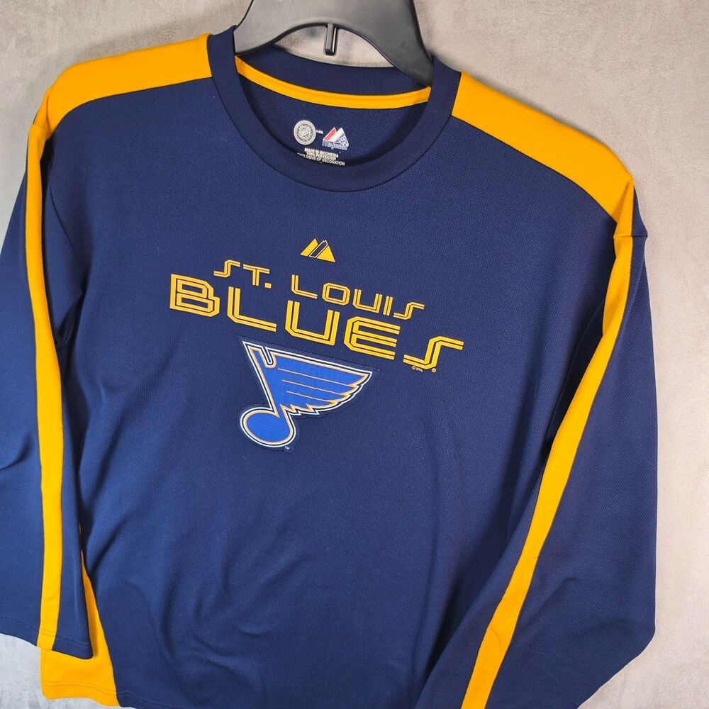 Majestic St Louis Blues Men Medium Performance Long Sleeve Shirt Blue Yellow NHL